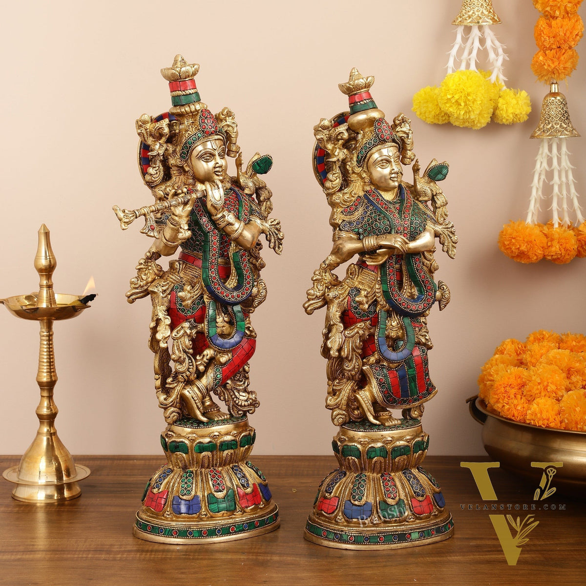 Handcrafted Pure Brass Radha Krishna Statues - 21"