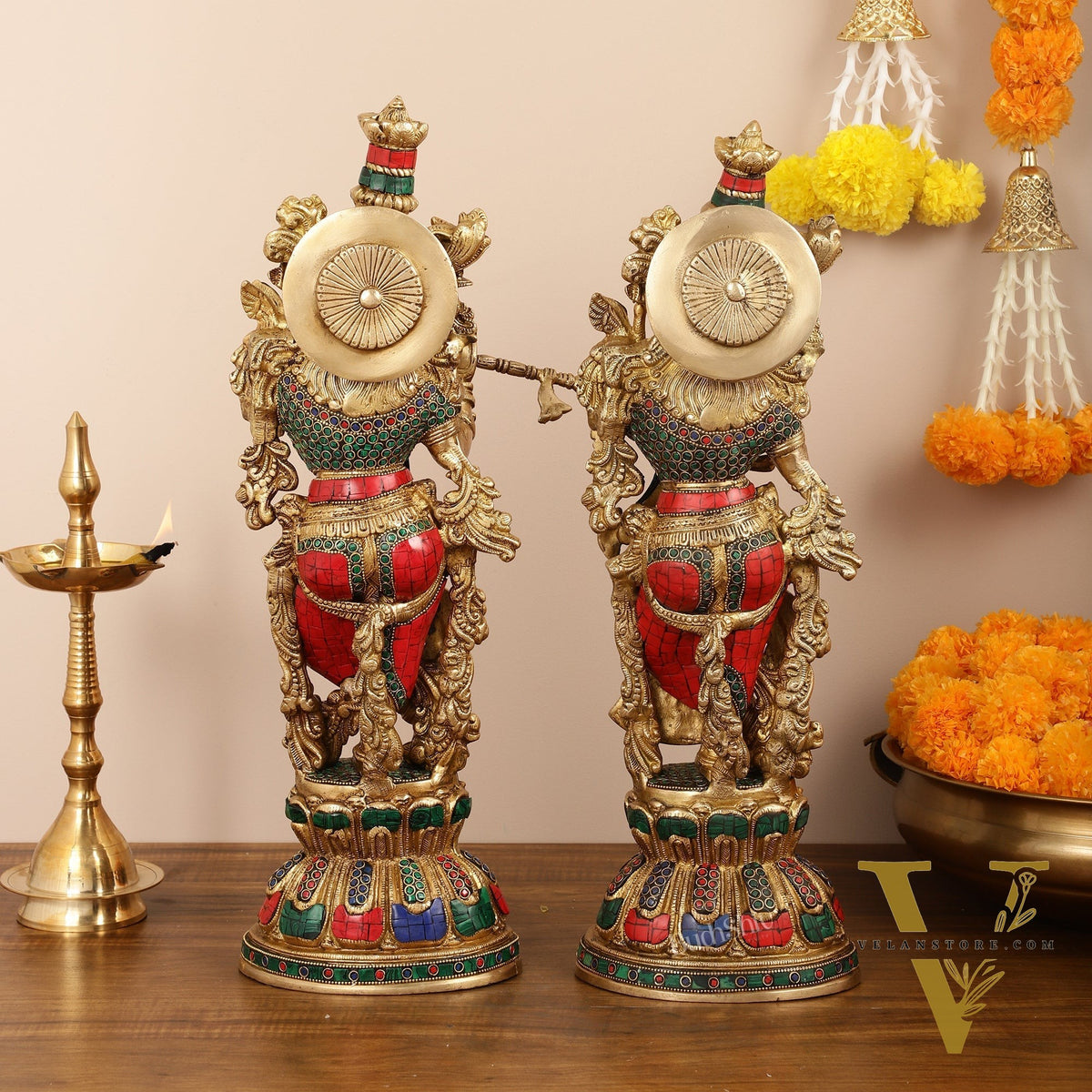 Handcrafted Pure Brass Radha Krishna Statues - 21"