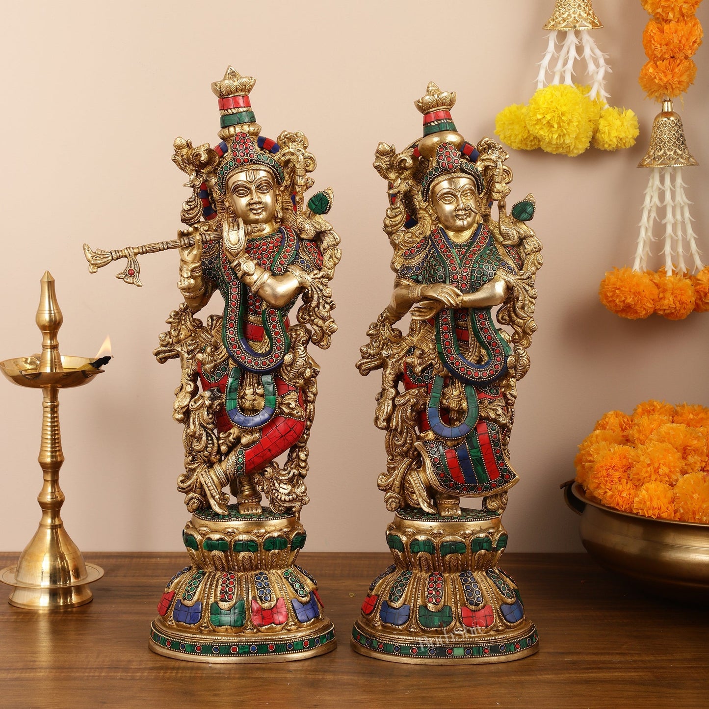 Handcrafted Pure Brass Radha Krishna Statues - 21"