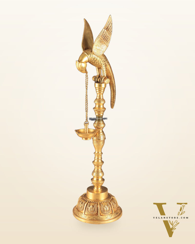 Handcrafted Pure Brass Superfine Large Parrot Lamp Vilakku - 29"