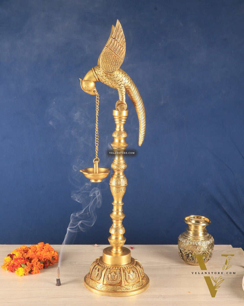 Handcrafted Pure Brass Superfine Large Parrot Lamp Vilakku - 29"