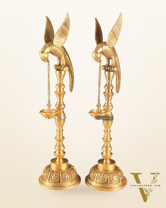 Handcrafted Pure Brass Superfine Large Parrot Lamp Vilakku (Pair)