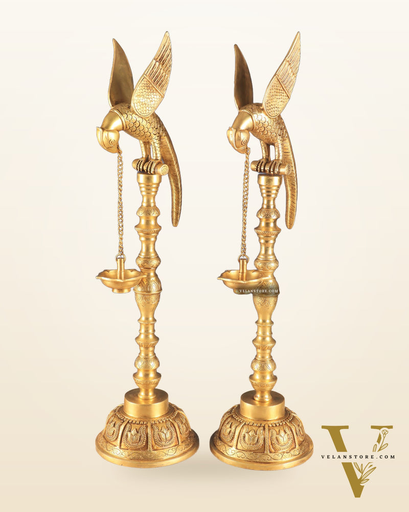 Handcrafted Pure Brass Superfine Large Parrot Lamp Vilakku (Pair)