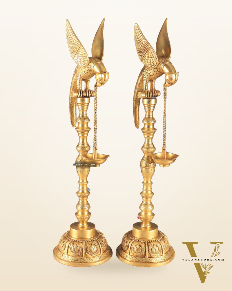 Handcrafted Pure Brass Superfine Large Parrot Lamp Vilakku (Pair)
