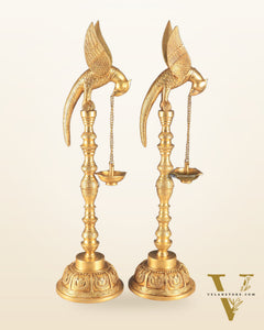 Handcrafted Pure Brass Superfine Large Parrot Lamp Vilakku (Pair)