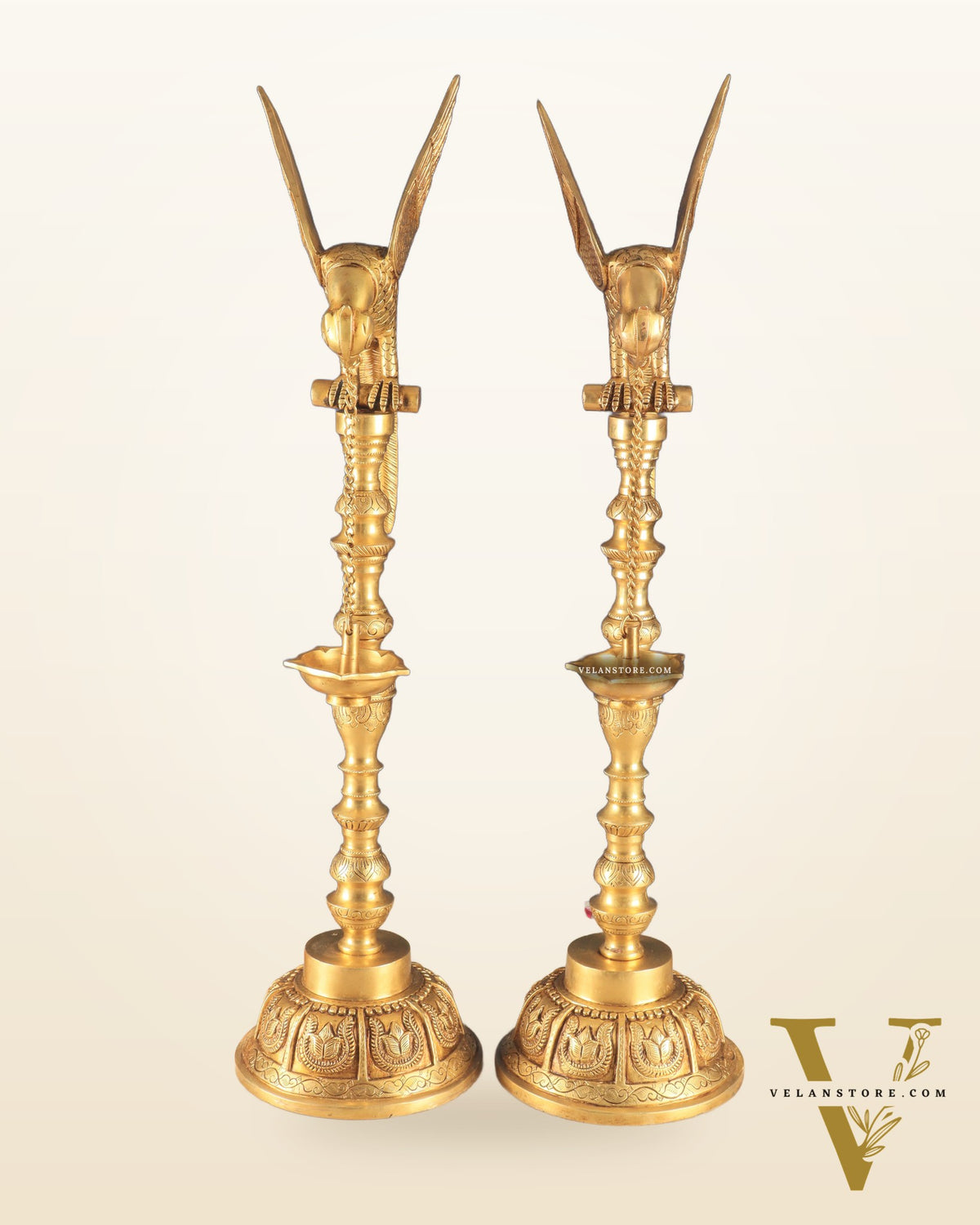 Handcrafted Pure Brass Superfine Large Parrot Lamp Vilakku (Pair)