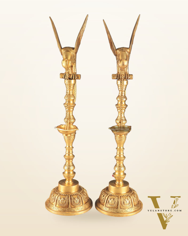 Handcrafted Pure Brass Superfine Large Parrot Lamp Vilakku (Pair)