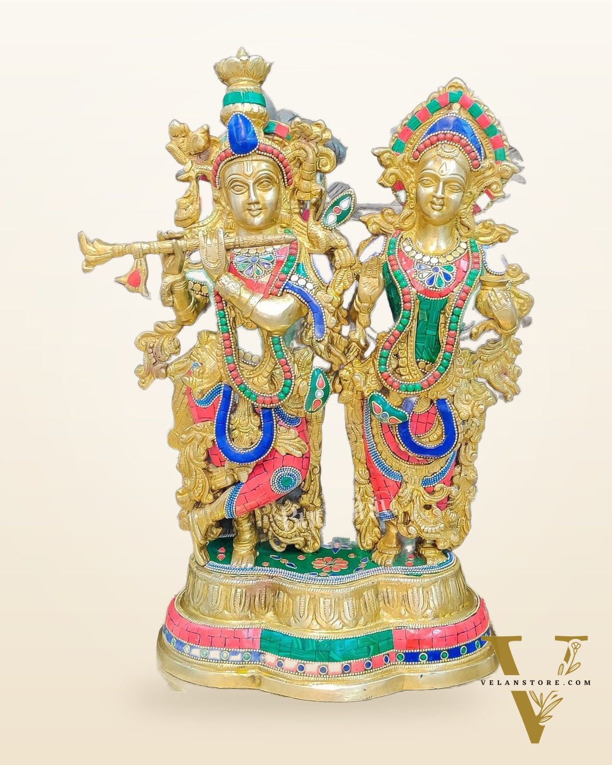 Handcrafted Radha Krishna Brass Idols | Engraved with Spectacular Stonework