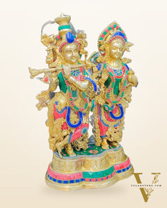 Handcrafted Radha Krishna Brass Idols | Engraved with Spectacular Stonework