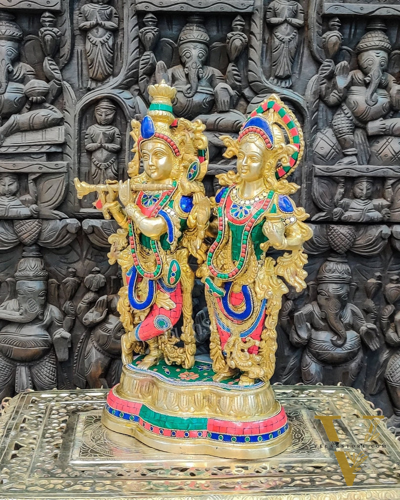 Handcrafted Radha Krishna Brass Idols | Engraved with Spectacular Stonework
