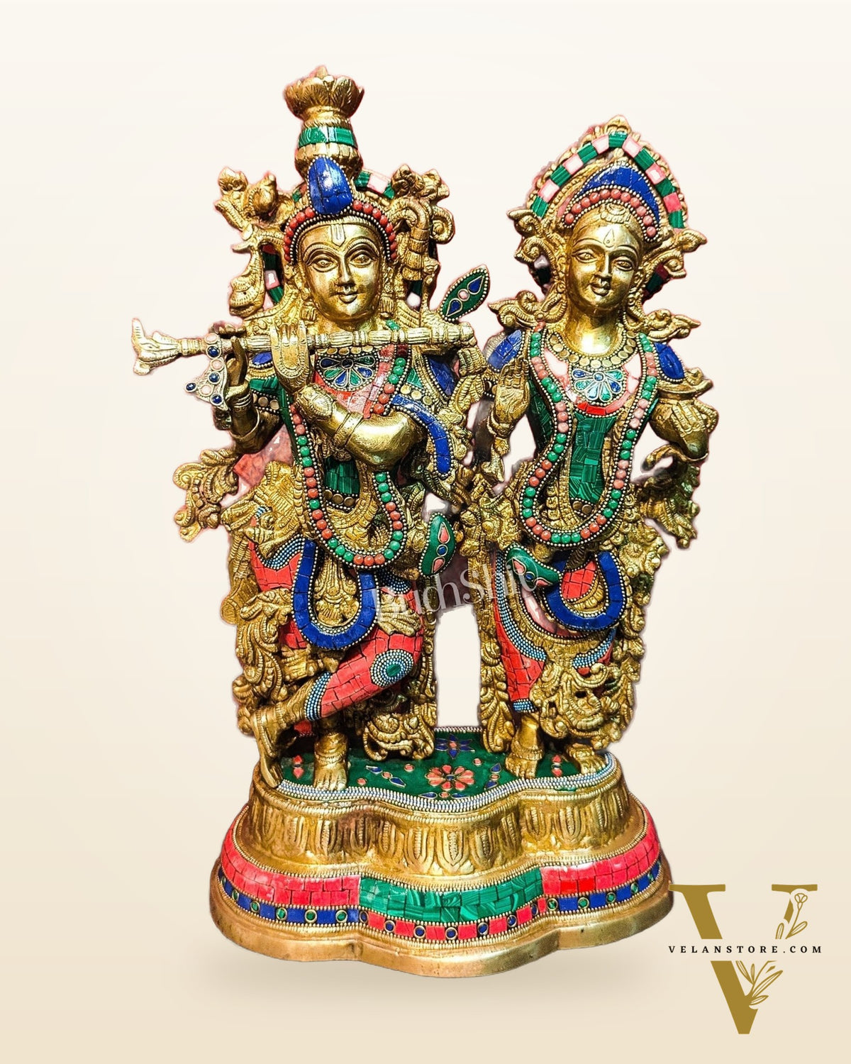 Handcrafted Radha Krishna Brass Idols | Engraved with Spectacular Stonework