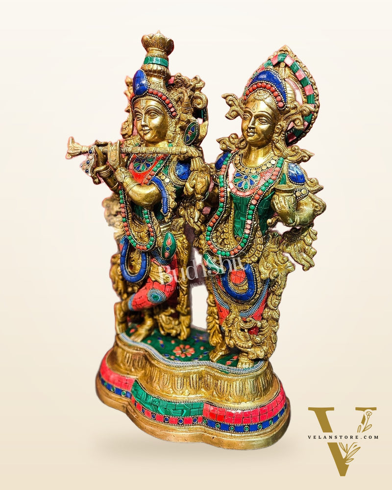 Handcrafted Radha Krishna Brass Idols | Engraved with Spectacular Stonework