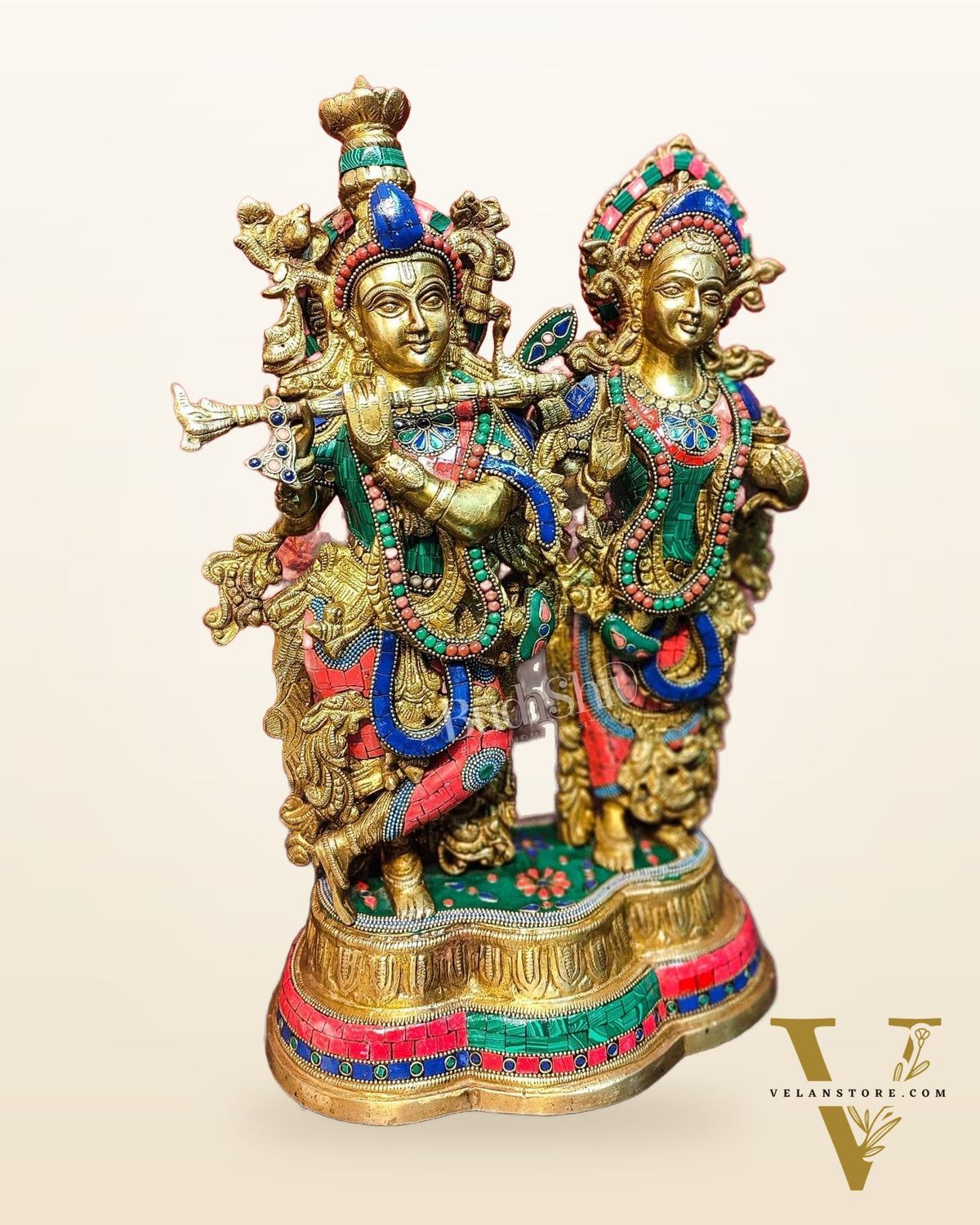 Handcrafted Radha Krishna Brass Idols | Engraved with Spectacular Stonework