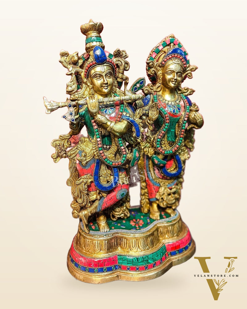 Handcrafted Radha Krishna Brass Idols | Engraved with Spectacular Stonework