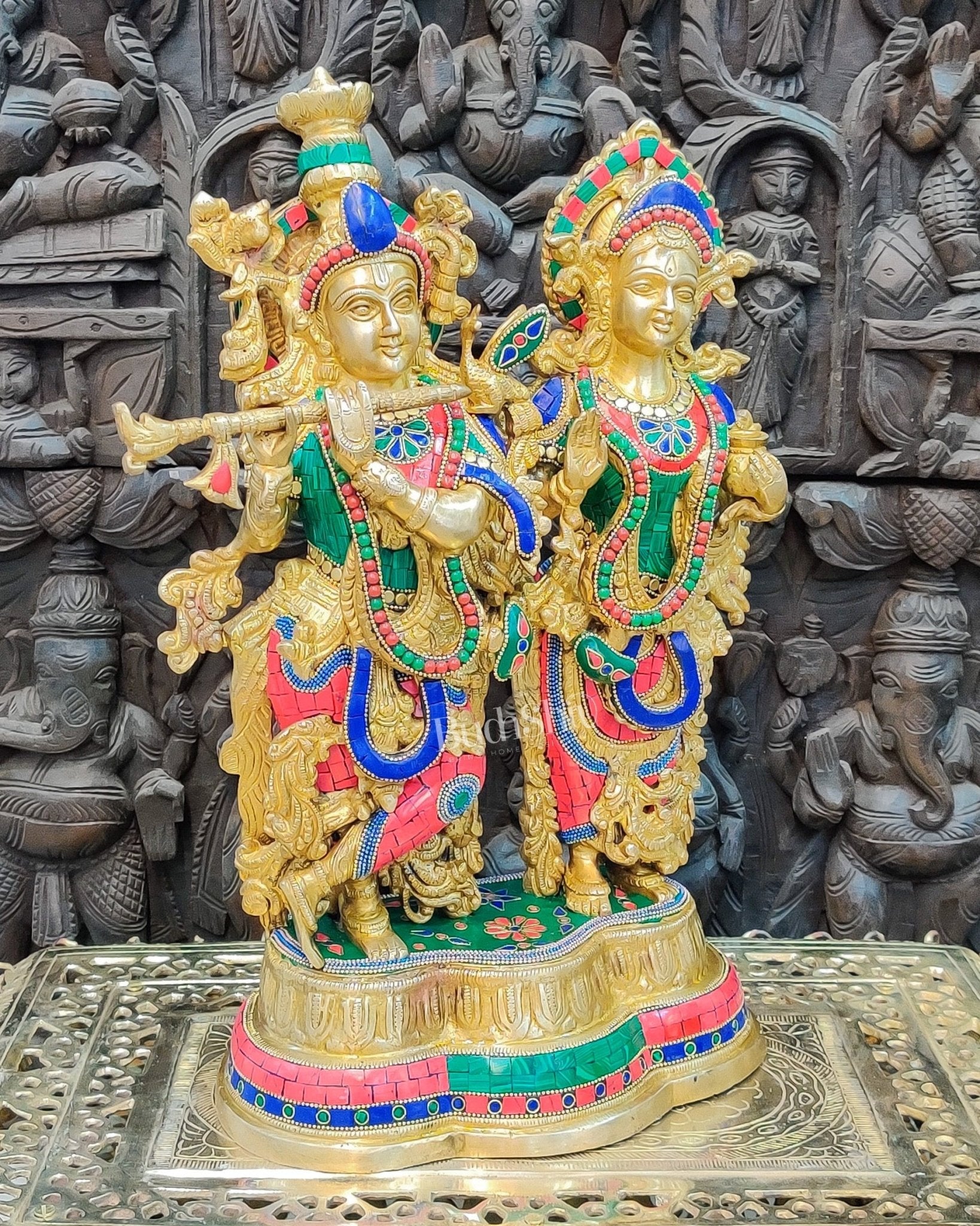 Handcrafted Radha Krishna Brass Idols | Engraved with Spectacular Stonework