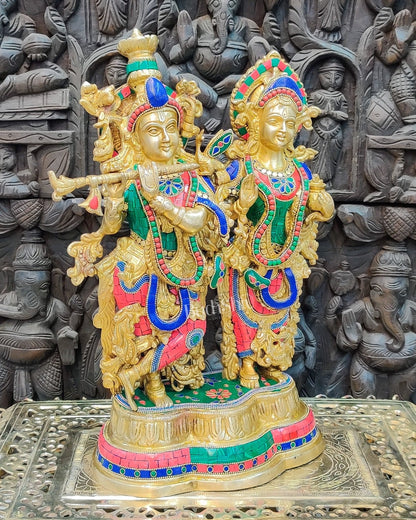 Handcrafted Radha Krishna Brass Idols | Engraved with Spectacular Stonework