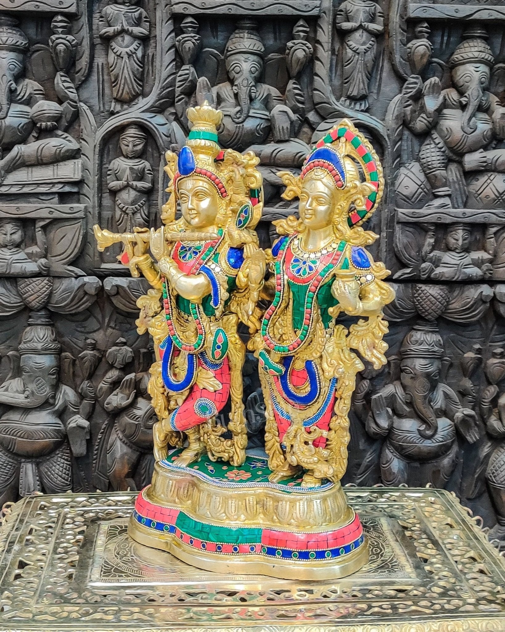 Handcrafted Radha Krishna Brass Idols | Engraved with Spectacular Stonework