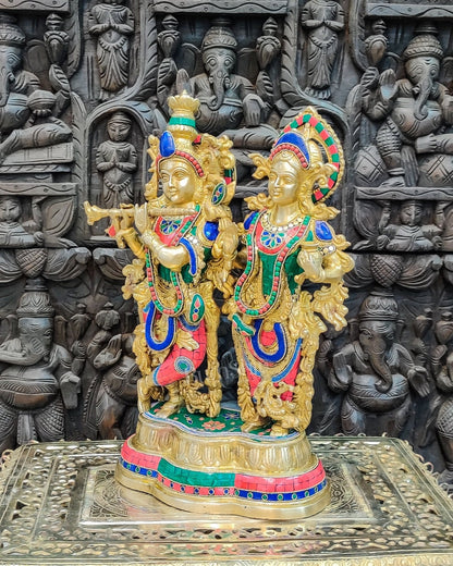 Handcrafted Radha Krishna Brass Idols | Engraved with Spectacular Stonework