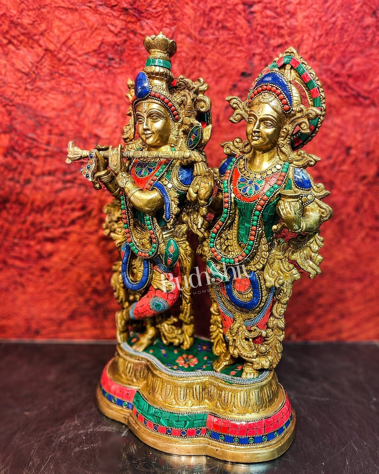 Handcrafted Radha Krishna Brass Idols | Engraved with Spectacular Stonework