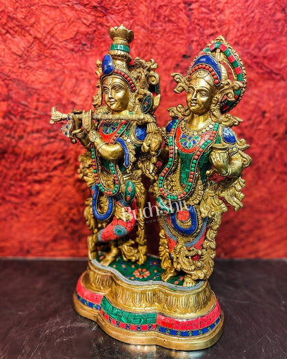 Handcrafted Radha Krishna Brass Idols | Engraved with Spectacular Stonework