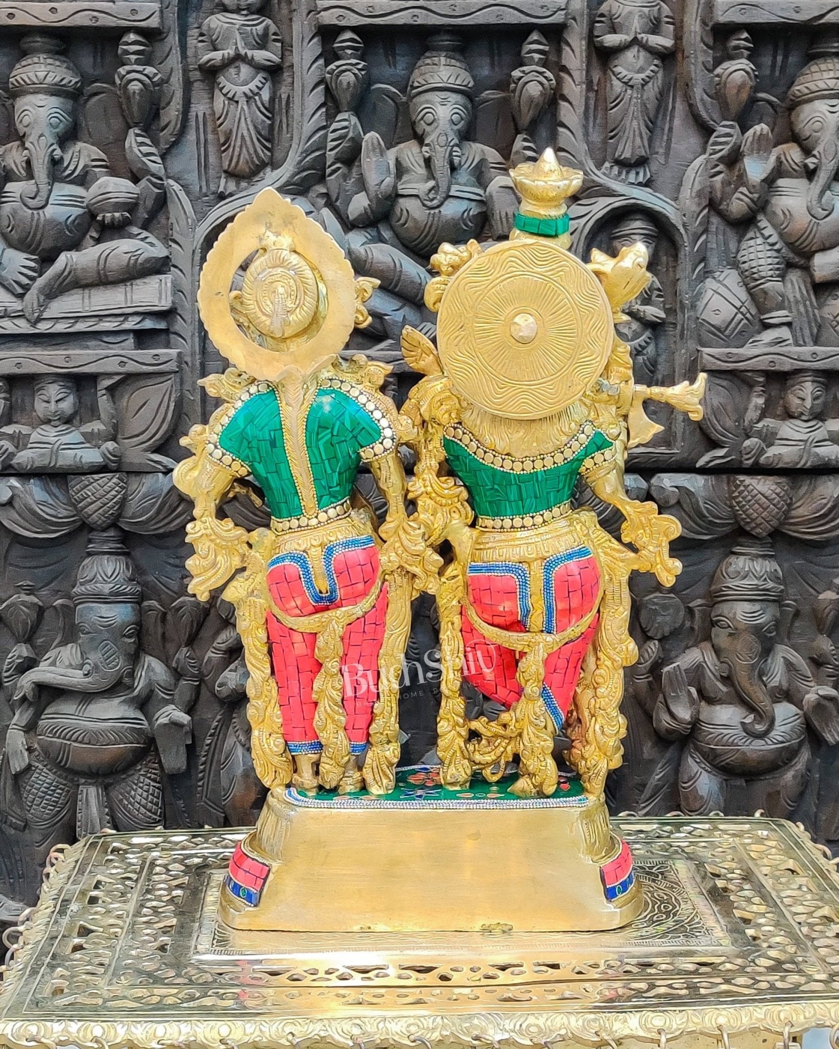 Handcrafted Radha Krishna Brass Idols | Engraved with Spectacular Stonework