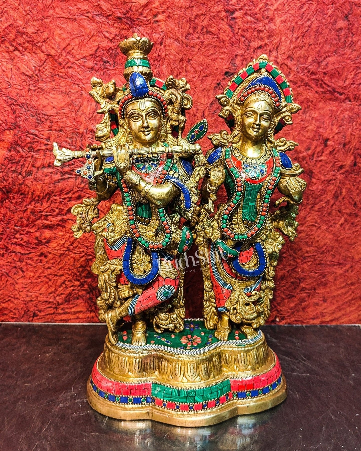 Handcrafted Radha Krishna Brass Idols | Engraved with Spectacular Stonework