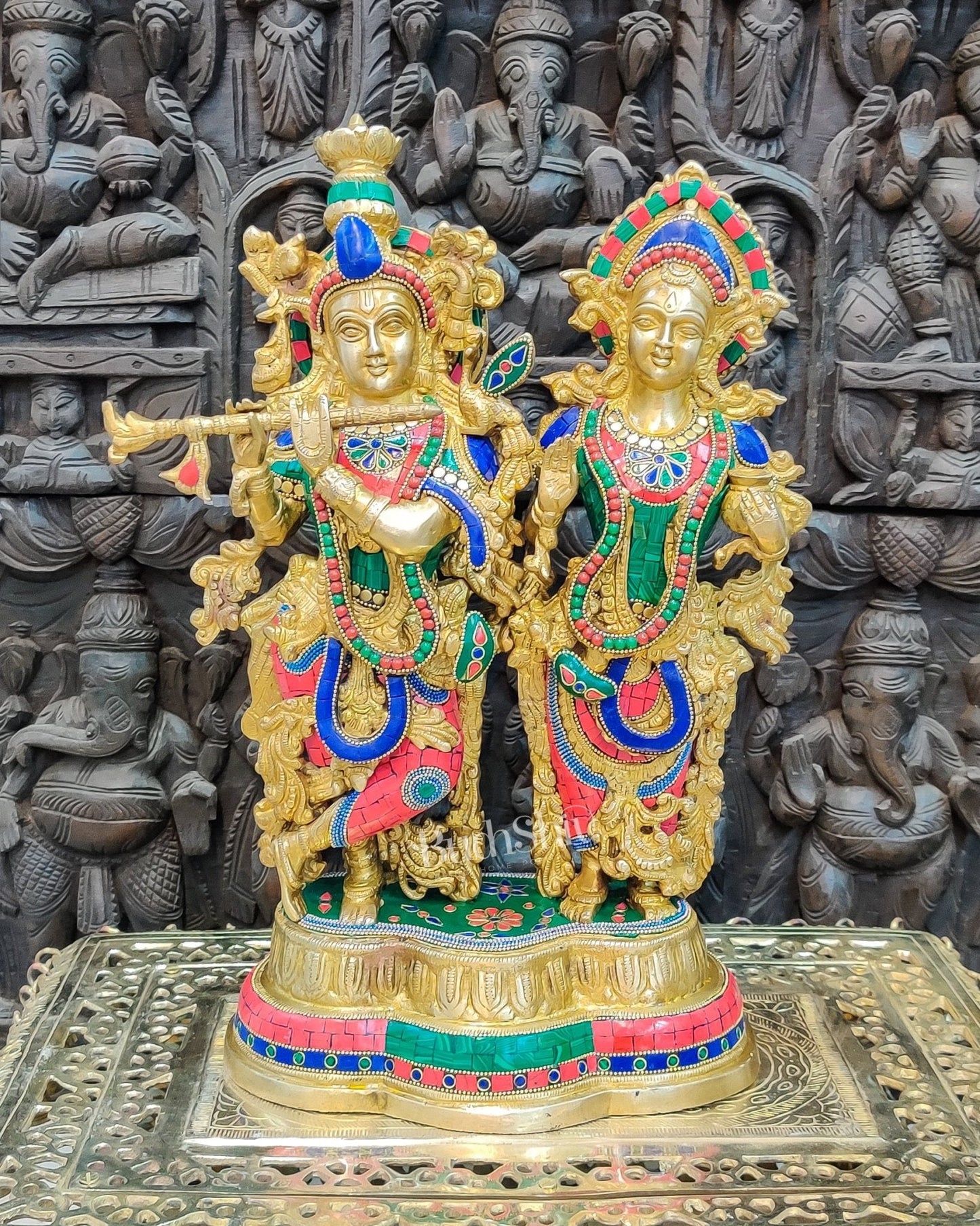 Handcrafted Radha Krishna Brass Idols | Engraved with Spectacular Stonework