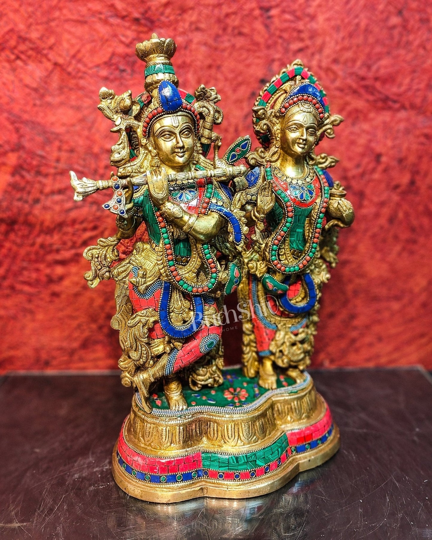 Handcrafted Radha Krishna Brass Idols | Engraved with Spectacular Stonework