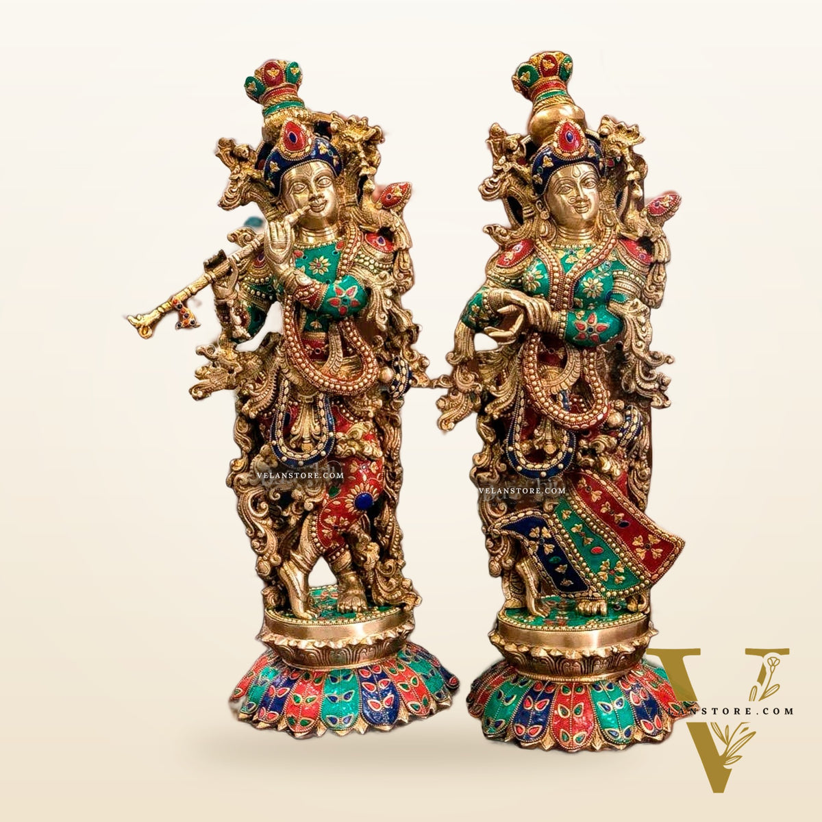Handcrafted Radha Krishna Brass Idols - Lotus Base, Stone Adornments - 26 inch