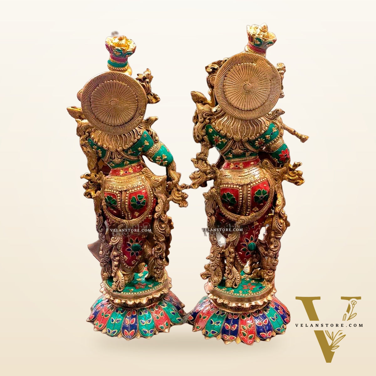 Handcrafted Radha Krishna Brass Idols - Lotus Base, Stone Adornments - 26 inch
