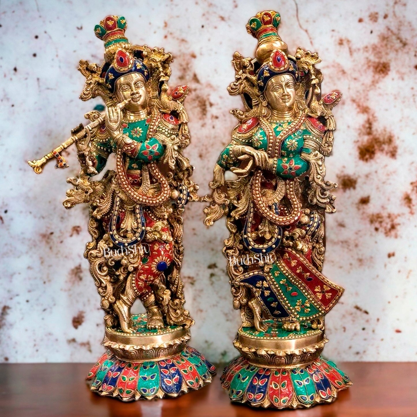 Handcrafted Radha Krishna Brass Idols - Lotus Base, Stone Adornments - 26 inch