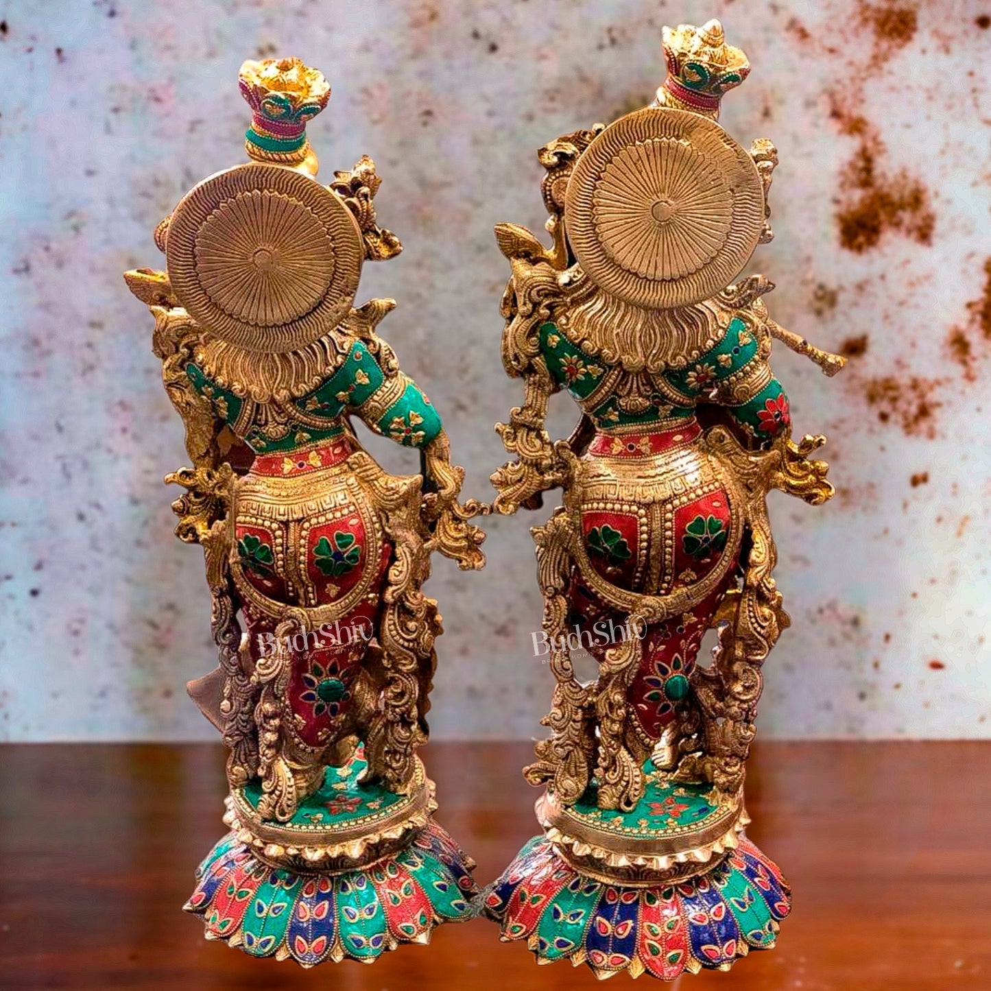 Handcrafted Radha Krishna Brass Idols - Lotus Base, Stone Adornments - 26 inch