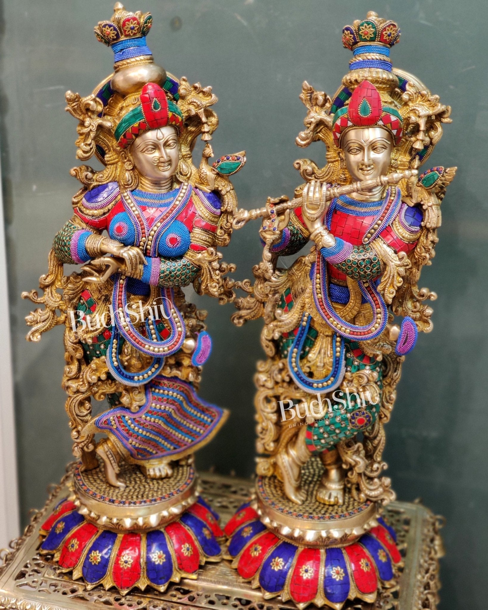 Handcrafted Radha Krishna Brass Idols with Lotus Shaped Base - 26" Height