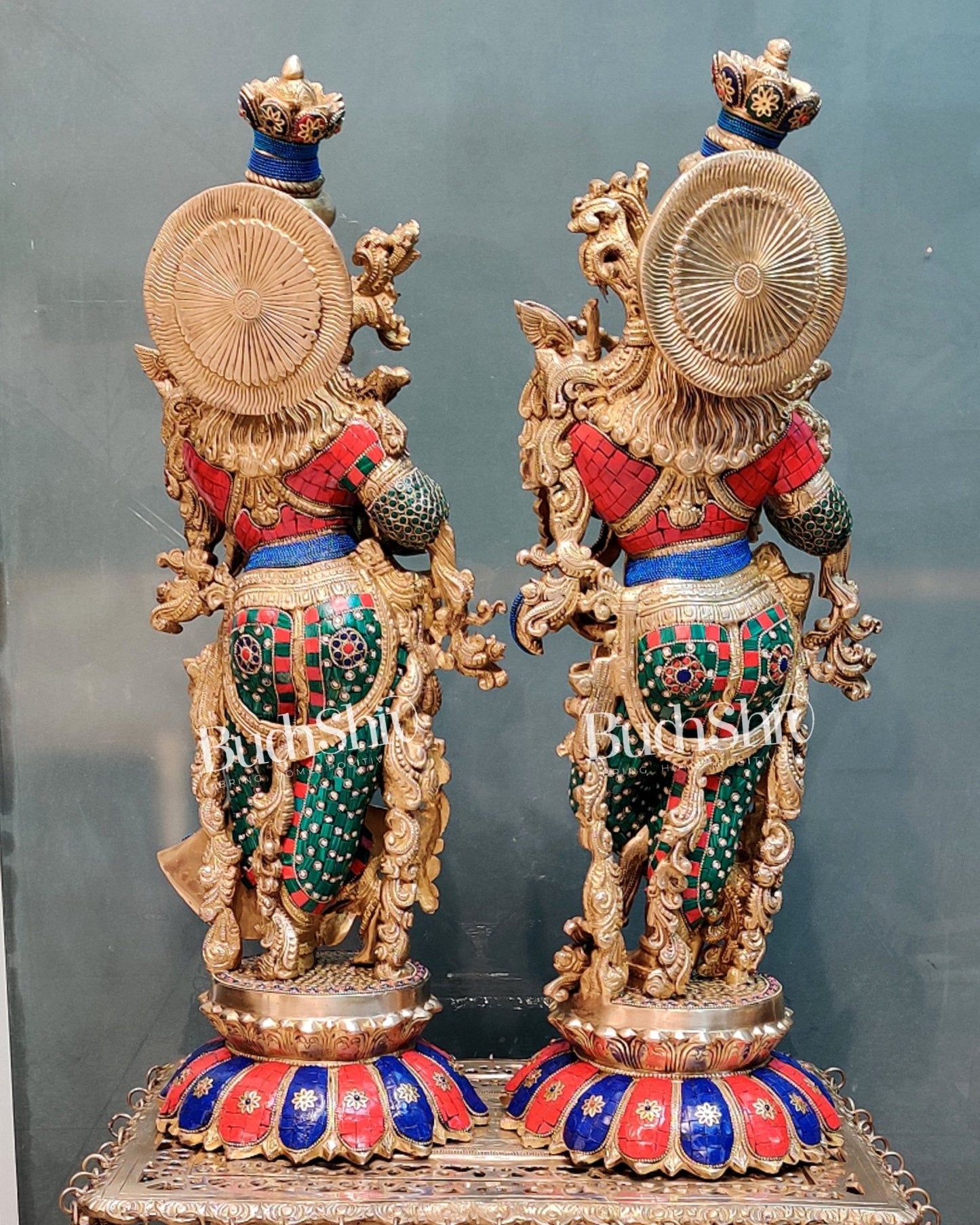 Handcrafted Radha Krishna Brass Idols with Lotus Shaped Base - 26" Height