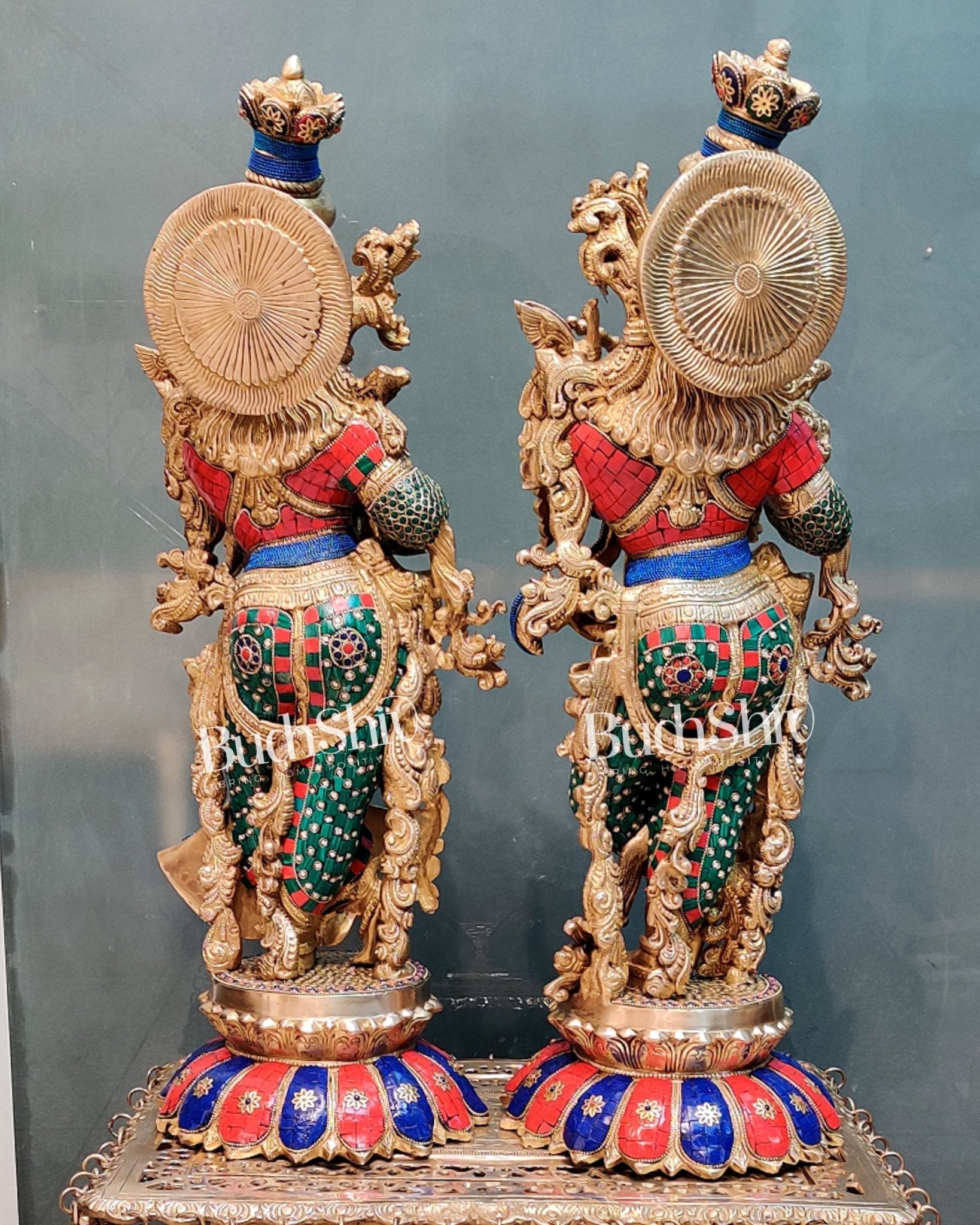 Handcrafted Radha Krishna Brass Idols with Lotus Shaped Base - 26" Height