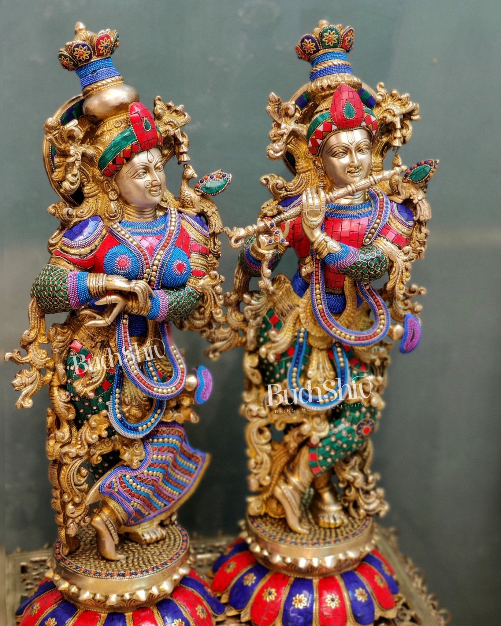 Handcrafted Radha Krishna Brass Idols with Lotus Shaped Base - 26" Height
