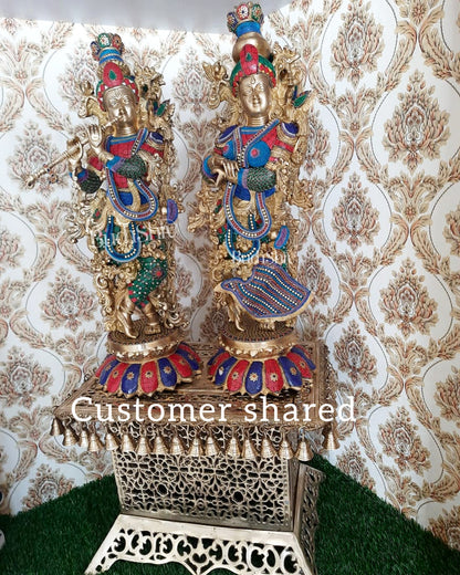 Handcrafted Radha Krishna Brass Idols with Lotus Shaped Base - 26" Height