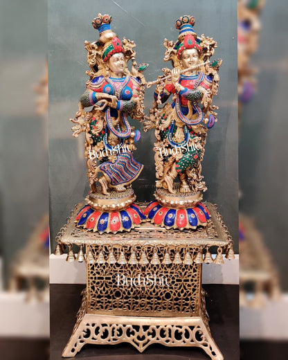 Handcrafted Radha Krishna Brass Idols with Lotus Shaped Base - 26" Height