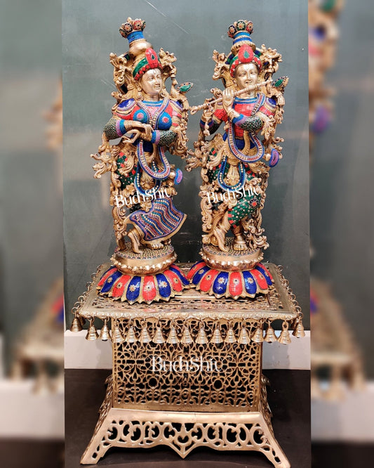 Handcrafted Radha Krishna Brass Idols with Lotus Shaped Base - 26" Height