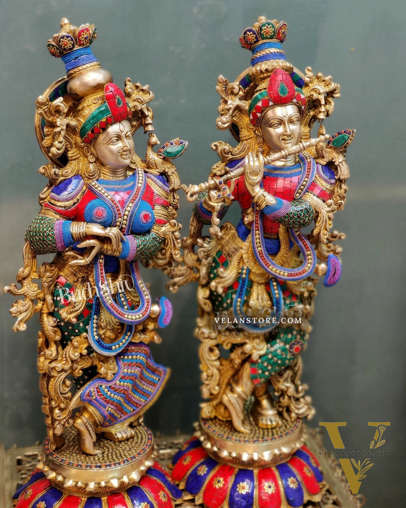 Handcrafted Radha Krishna Brass Idols with Lotus Shaped Base - 26" Height