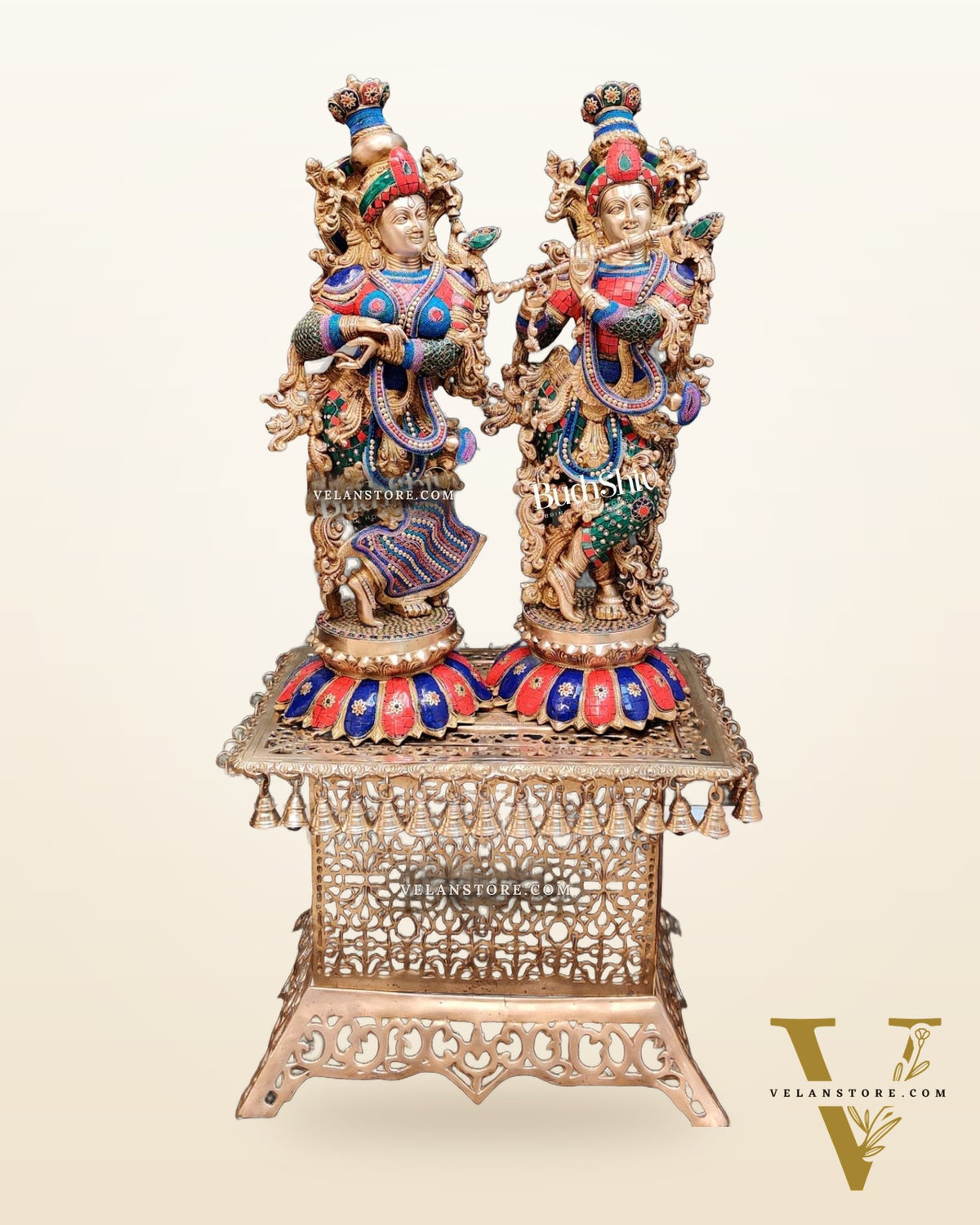 Handcrafted Radha Krishna Brass Idols with Lotus Shaped Base - 26" Height