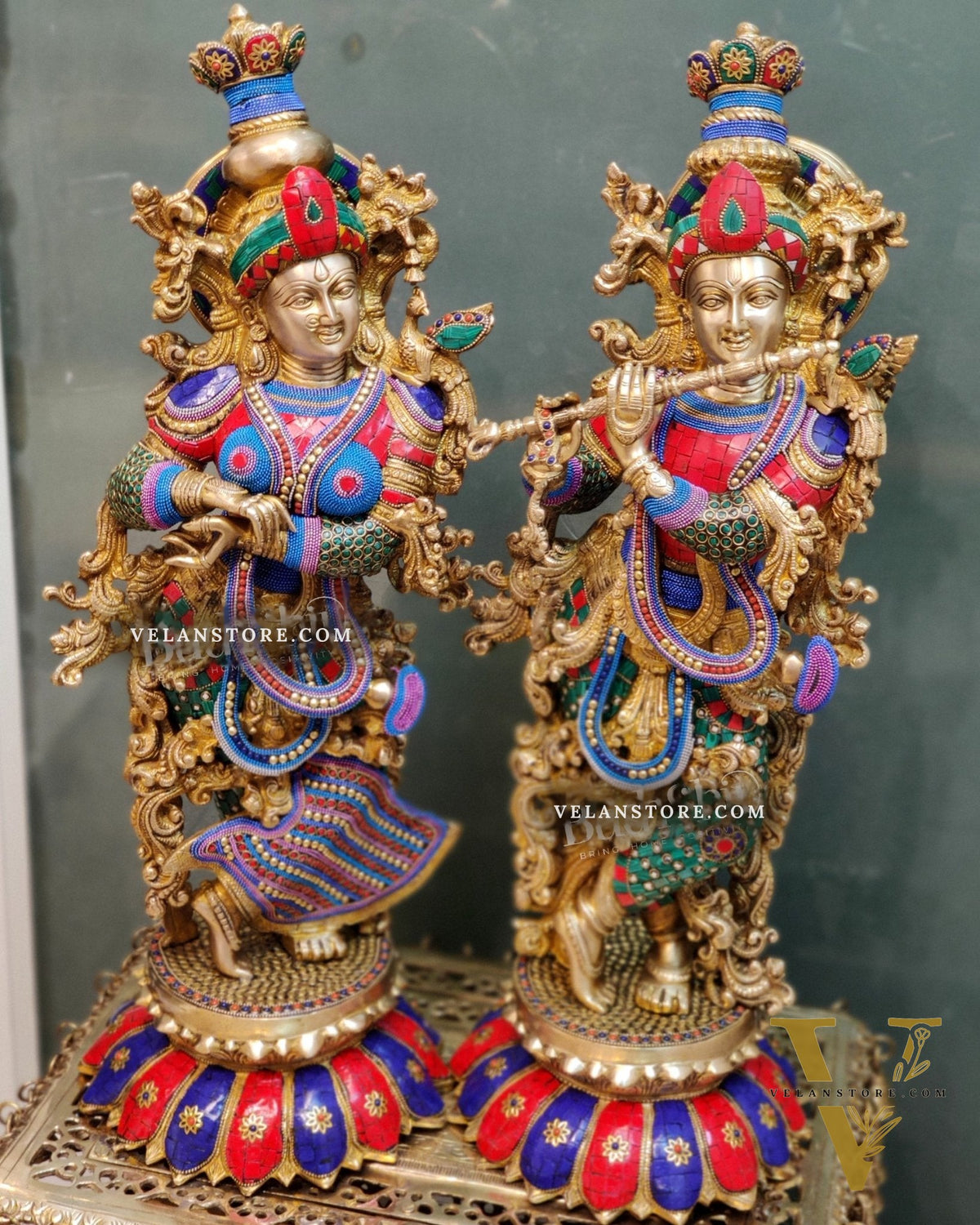 Handcrafted Radha Krishna Brass Idols with Lotus Shaped Base - 26" Height