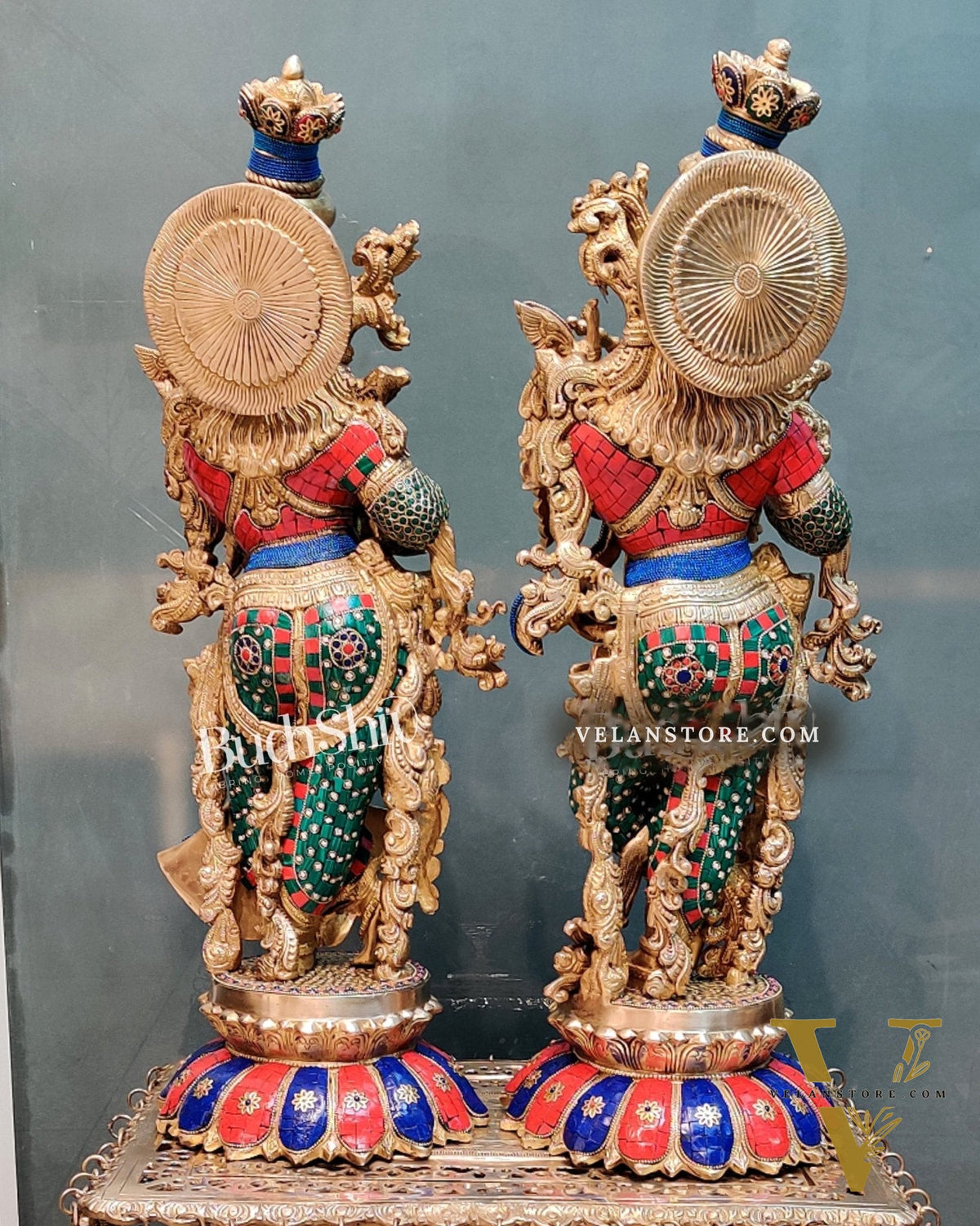 Handcrafted Radha Krishna Brass Idols with Lotus Shaped Base - 26" Height