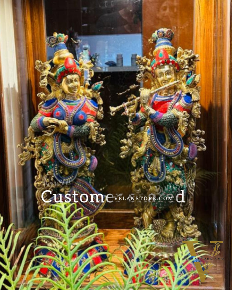 Handcrafted Radha Krishna Brass Idols with Lotus Shaped Base - 26" Height