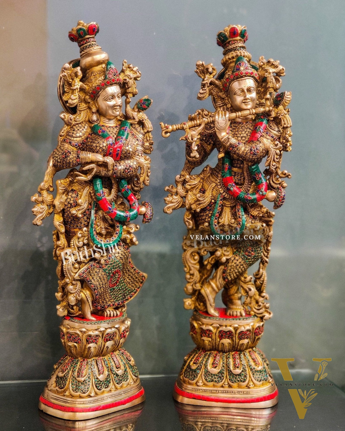 Handcrafted Radha Krishna Idol with Meenakari Stonework 30"