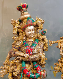 Handcrafted Radha Krishna Idol with Meenakari Stonework 30"