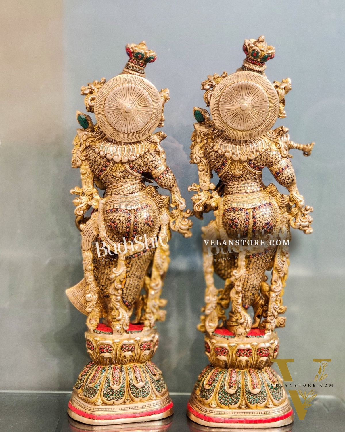 Handcrafted Radha Krishna Idol with Meenakari Stonework 30"