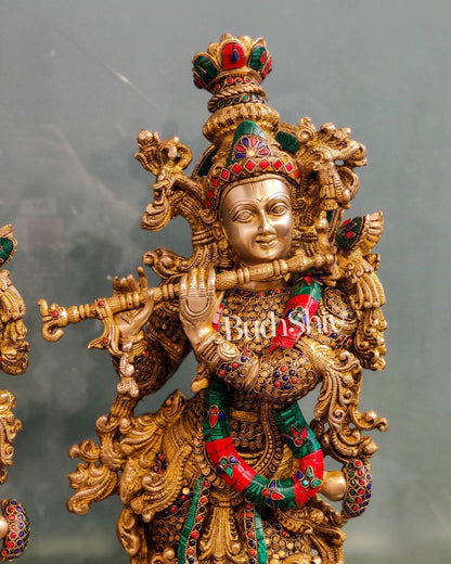 Handcrafted Radha Krishna Idol with Meenakari Stonework 30"