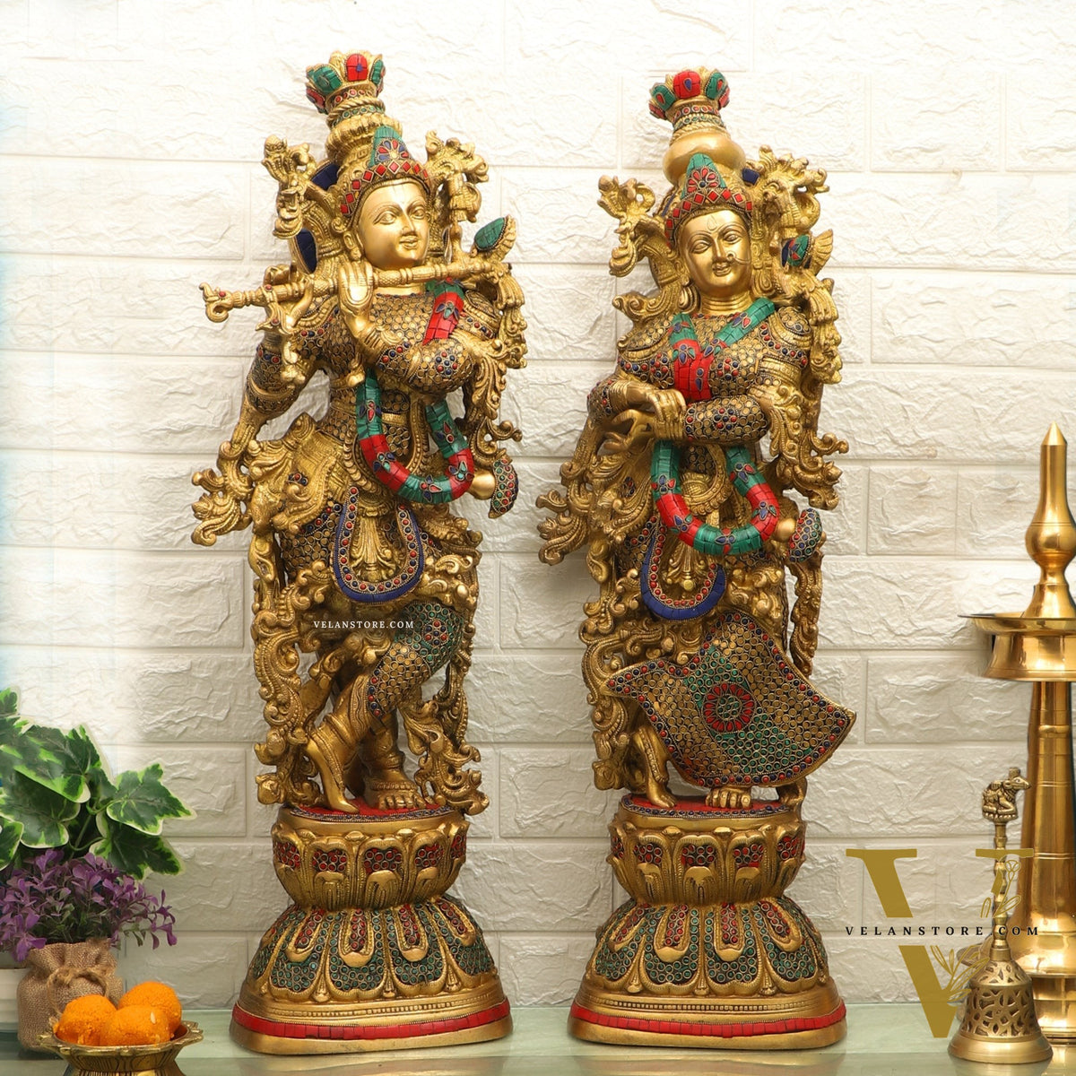 Handcrafted Radhakrishna Idol with Double Layered Meenakari Stonework 30 inch
