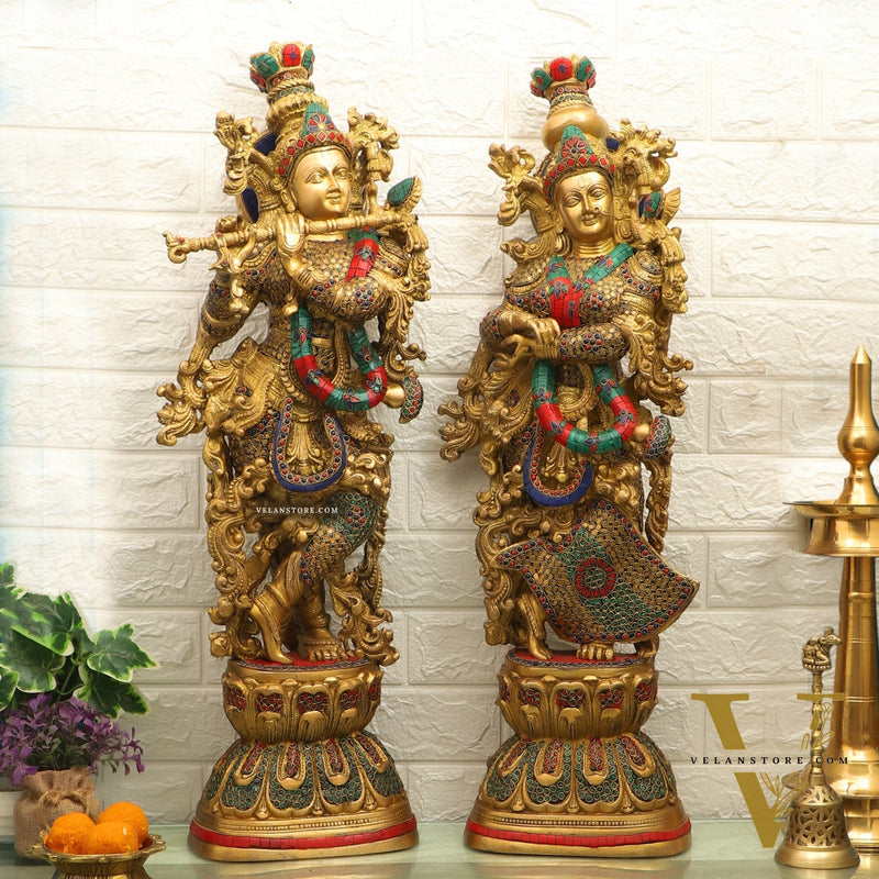 Handcrafted Radhakrishna Idol with Double Layered Meenakari Stonework 30 inch